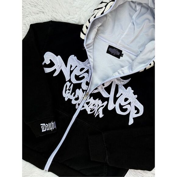 Y2K Black SZ S Irregular Pattern Gothic Punk Full Zip-Up Hoodie Jacket - Picture 14 of 15